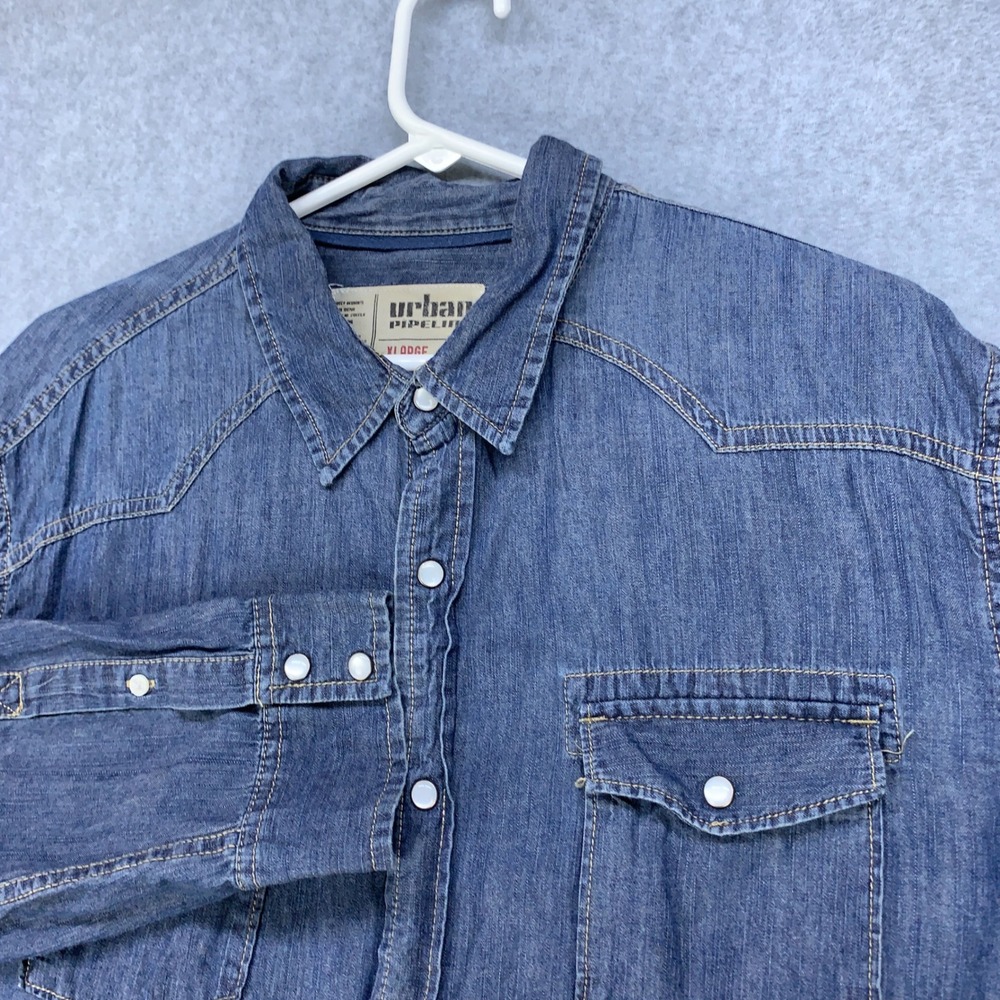 Urban Pipeline Chambray Shirt Men XL Blue Western Snap Button Long Sleeve Cotton